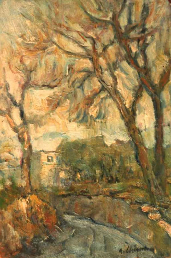 Viottolo con alberi, studio dal vero, 1943, olio, Napoli, collezione privata